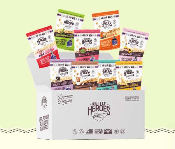Kettle Heroes popcorn variety pack with multiple flavored bags in a box