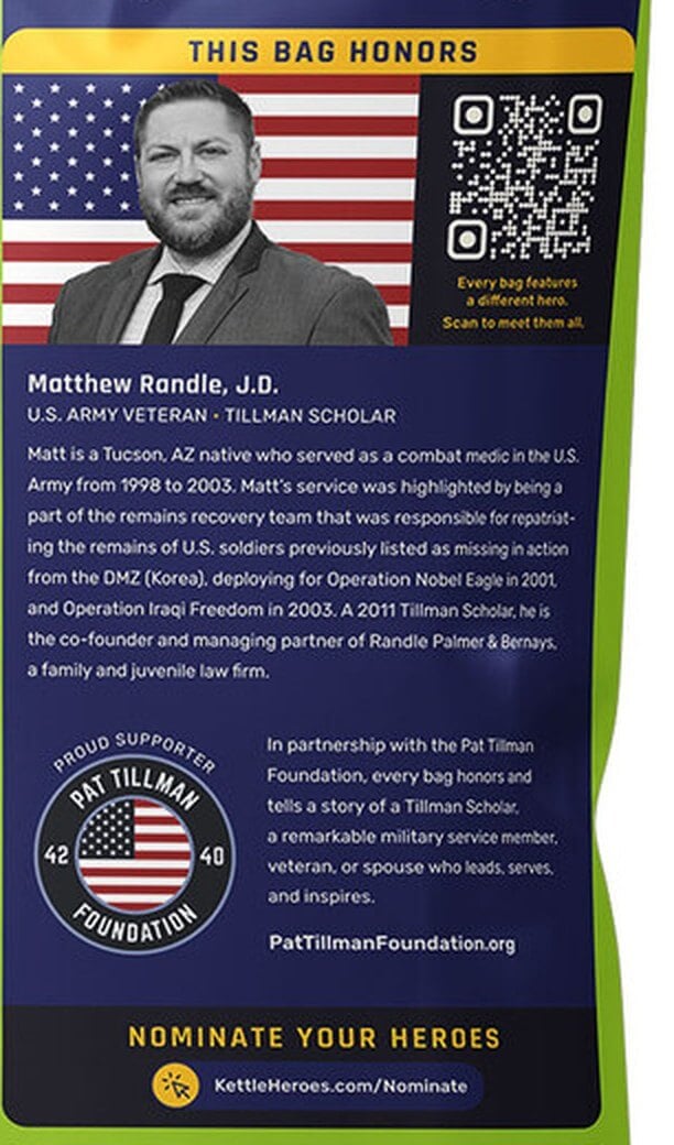 Back of a Kettle Heroes bag with the hero's photo, story and a QR code
