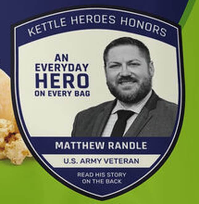 Front of a Kettle Heroes bag showing the hero badge with the hero's name