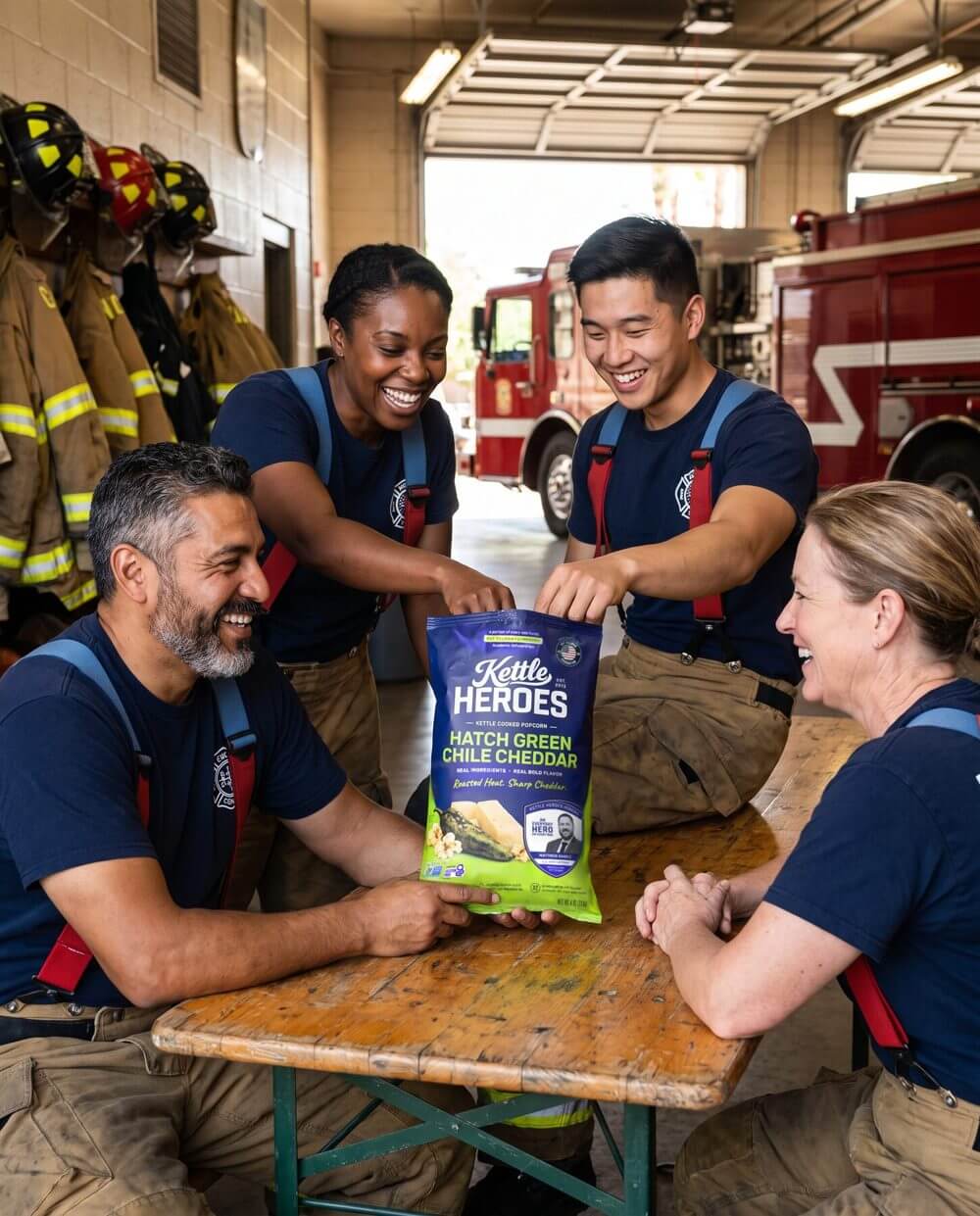 Firefighters at their station opening a Kettle Heroes bag that honors an everyday hero